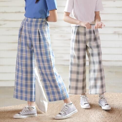 Summer 2020 High Waist Girls Loose Pants Kids Cotton Plaid Wide Leg Trousers Teenage Girls Ankle-length Pants Girl Age 6-17 Y