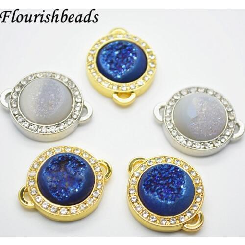 Mix color 20mm Round Drusy Geode Agate Coin Shape Paved CZ Beads Two Loops Jewelry Necklace Connectors
