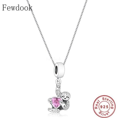 Pure 925 Sterling Silver Monkey Sloth Hug Pink Zircon Heart Charm Necklace For Women Girlfriend Chain Choker Trinket 2021 Trend