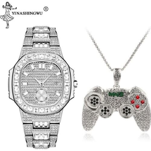 Fashion Hip Hop Iced Out Game Controller Handle Pendant Necklace & Watch For Women Men Gold CZ Crystal Rhinestone Jewelry Chain