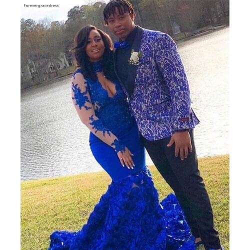 Royal Blue Long Sleeves Prom Dresses 2019 New African Black Girls Mermaid High Neck Holidays Graduation Wear Evening Party Gowns