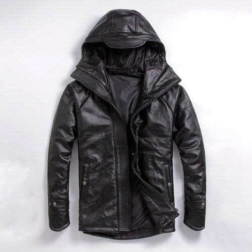 Leather New Jackets Winter Youth Mens Genuine Leather Jacketc Young Man Black Cowskin Leather Jacket Hooded Plus Size M 5XL