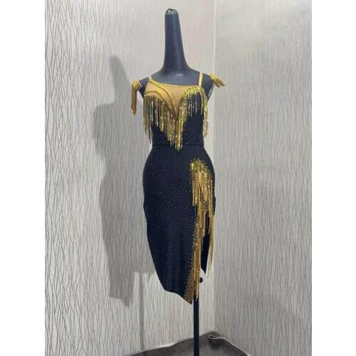 Latin Dance Dress beads tube Dance Wear Salsa Samba Rumba Costume With Bodysuit buit in Bra Sexy latin dance costume Rhinestone