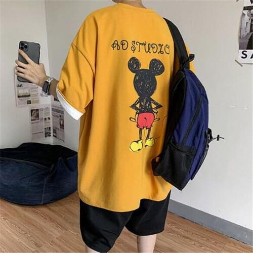 Disney Cartoon Loose Short Sleeve O-neck T-shirt Male Mickey Mouse Print Mens Tee Top Summer Casual Harajuku Hip Hop Tee Shirt