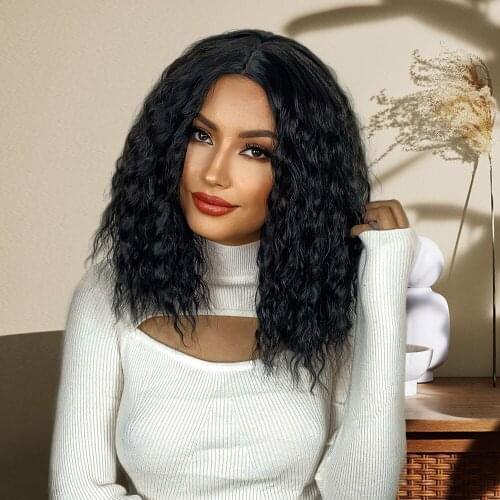 Fashion Short Curly Black Synthetic Wigs Heat Resistant Glueless Water Wave Hair U Lace Middle Part Wigs for Black Women 14inch