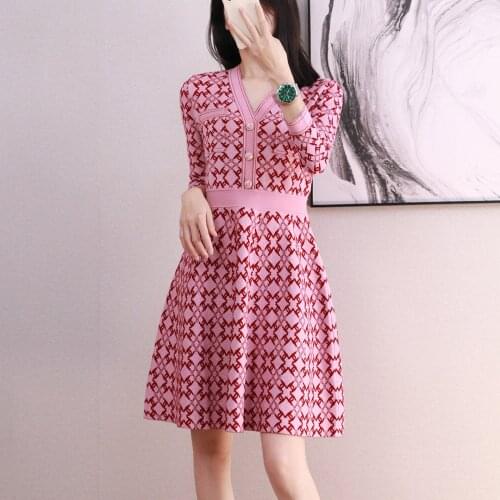 Vintage Plaid Sweater Dress Women V Neck Long Sleeve Dress 2021 Autumn Contrast Geometric A Line Tunic Knitted Dresses for Women