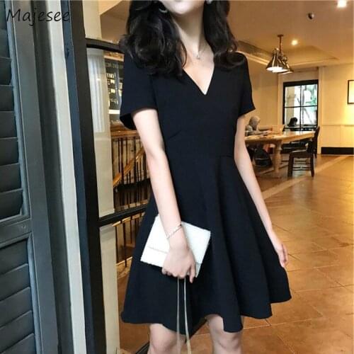 Dress Women Oversize Elegant Black Slim Mini Sexy V-neck Ruffles Short Sleeve Mature Vestido Cozy Summer Solid Comfort Fashion