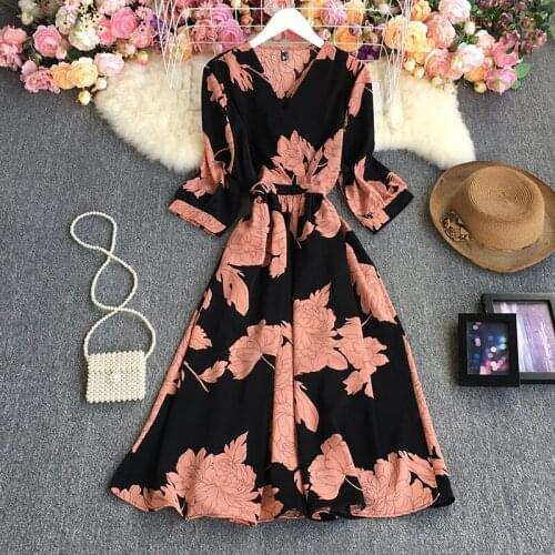 Mid-Length Floral Dress Female 2021 Summer New Style Lace Up Waist Fashion Short Sleeve V-Neck Chiffon Dress Women Vestidos M149