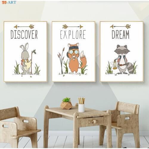 Woodland Nursery Wall Art Dream Adventure Pack Themed Poster Fox Raccoon Bunny Animal Print Boy Room Decoration Picture