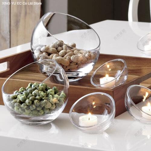 Transparent Glass Oblique Mouth Salad Bowl Creative Dried Fruit Plate Snack Bowl Household Tableware Candlelight Dinner Props