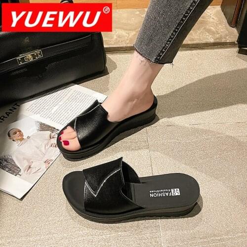 YUEWU 2021 Summer British Slides Woman Flats Platform Sandals Women Leather Casual Open Toe Thick Bottom Wedges Women Slippers
