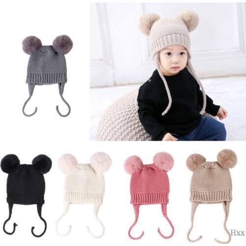 New Baby Boys Girls Bobble Knit Beanie Hat Plush Ball Ears Toddlers Winter Warm Double Pompom Cap