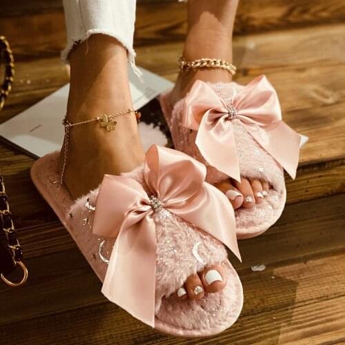 Cotton slippers pink girl heart cute bowknot womens shoes home warmth non-slip flat bottom woolen cotton slippers hot selling