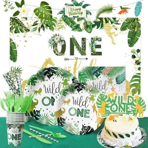 Wild One Jungle Safari Animal Disposable Plate Cup Tableware Sets Birthday Decoration Forest Theme Party Baby Shower Supplies