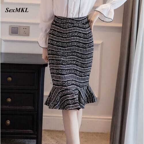Plus Size Striped Long Skirt Women 2020 Fashion Ruffle Black High Waist Skirts Womens Casual Korean Bodycon Office Pencil Skirt