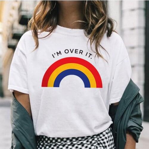 I'm Over It Funny Letter Rainbow Pattern Women Tshirt Summer Casual Fashion Tops Black White Unisex Short-sleev Camisetas