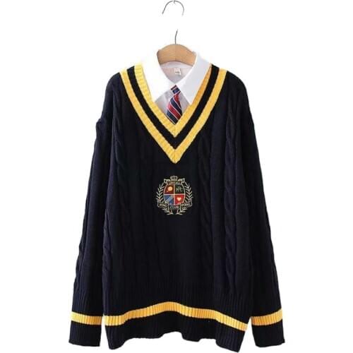 Womens Sets Preppy Style Students V-Neck Knit Sweater Large Badge + White Shirt With Tie Two Piece Set 2011770