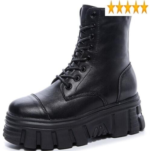 Women Thick Platform Ankle Leather Motorcycle Shoes Punk Round Toe Lace Up High Top Footwear Winter Fleece Lining Boots