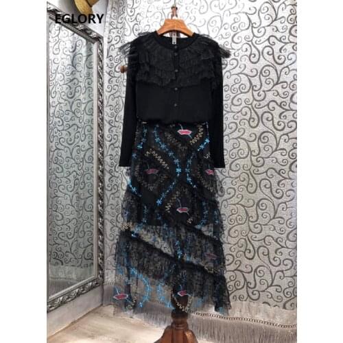 2020 Autumn Fashion Sweater Sets Women Ruffle Lace Patchwork Knitted Cardigan Coats+Sexy Red Lips Embroidery Mesh Skirt Sets 2pc