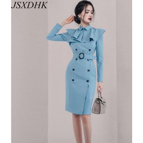 JSXDHK Office Ladies Double-Breasted Sheath Dress Autumn Winter Women Ruffles Lapel Collar Blue Bodycon Pencil Dresses With Belt