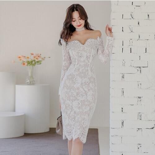 New arrival fashion korean spring midi party dress women OL professional temperament sexy one-neck strapless lace pencil dress