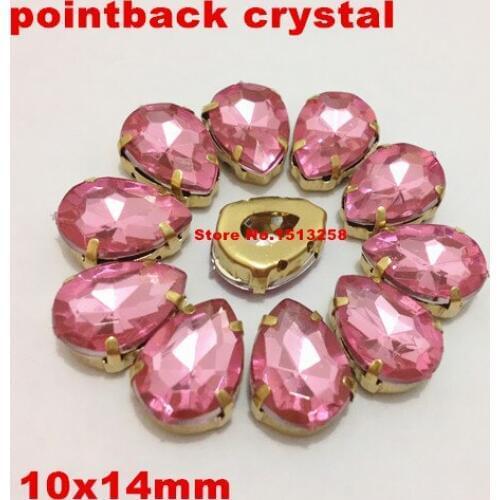 10x14mm Sew On Rhinestones Pear Stone Acrylic Fancy Stone In Plated Gold Claw Setting Sewing Beads Crystal Pink color