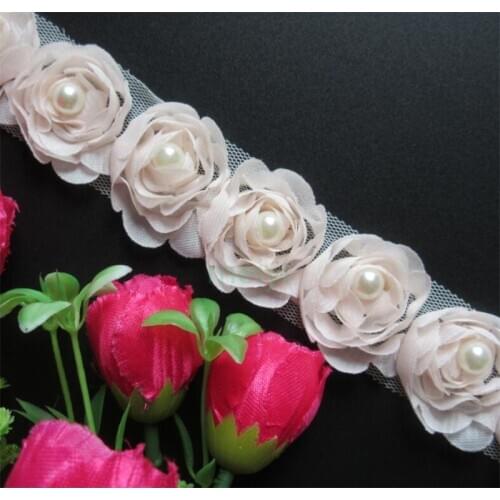 2 yards Pink Champagne Rose Flower Pearl Chiffon Embroidered Lace Trim Ribbon Fabric Handmade DIY Wedding Dress Sewing Craft