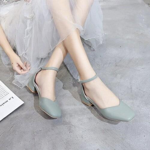 2021 Zapatos Mujer Women Pumps Ankle Strap Thick Square Heel Shoes Square Toe Mid Heels Dress Work Comfortable Ladies 5cm Green