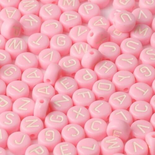 4x7mm 200pcs Pink Acrylic Alphabet Beads 26 White letter Loose Spacer Beads For Jewelry Making Diy Handmade children Bracelets