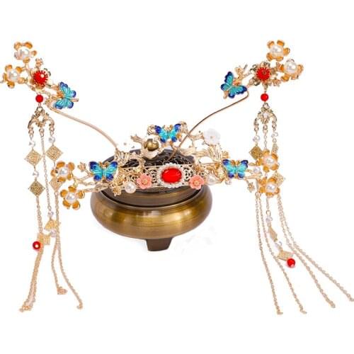 Golden han dynasty bride wedding party cosplay hair accessories vintage royal style hair crown tassel sets