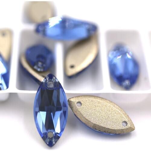 Free shipping 7x15mm Leaf shape sew on rhinestones Blue flatback glass rhinestones diy Wdding dress/clothing accessories