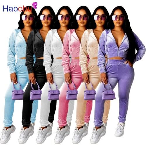 HAOOHU Sexy Fall 2 Piece Set Velour Tracksuit Long Sleeve Crop Top and Sweatpants Outfits Lounge Wear Matching Sets for Women