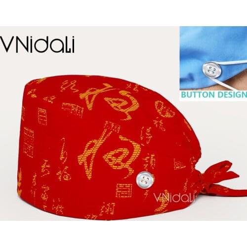 Surgical cap with button Cotton Caps Women Hat Clinic Hospital Doctor Nurse Work Hats Nursing Cap with Sweatband Long Hair Head