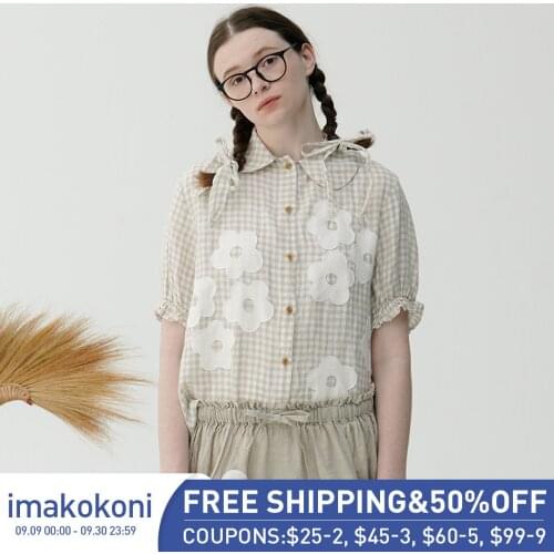 Imakokoni original design summer puff sleeve linen plaid doll collar shirt female 213329