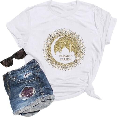 Summer Classic Short-sleeved Womens Ramadan Printed T-shirt Polyester Casual Loose Round Neck Printing Plus Size Short Sleeves