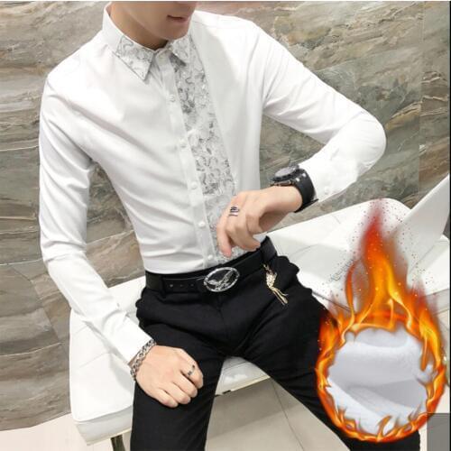 M-3xl Winter New Men Thicken Warm Slim White Shirt Host Personality Sequin Embroidery Tight Long-sleeved Shirt Singer Costumes