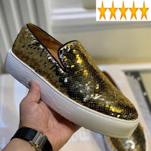 Golden Sequined Luxury Mens Trend Shiny Discolor Thick Bottom Slip-On Casual Loafers Men Platform Genuine Leather Shoes