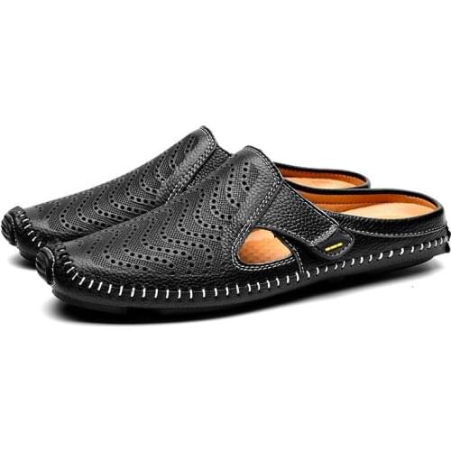 2021 Men Slippers Loafers Genuine Leather Business Driving Shoes Outdoor Autumn Mens Flats Breathable Casual Mules For Man