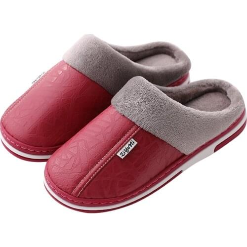 2021 Men Winter Leather Slippers Plush Non-slip Slides Fashion Home Closed Toe Warm Fur Flat Couple Women Big Size Indoor Shoes