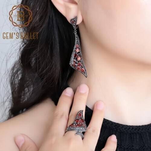 GEMS BALLET 100% 925 Sterling Silver Gothic Vintage Jewelry Sets For Women Natural Red Garnet Drop Earrings Ring Set Fine Gift