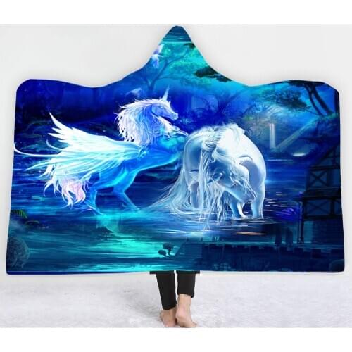 Cartoon Unicorn Series Hooded Blanket Winter Warm Cloak Blanket with Hat Wearable Sofa Bed Cover Blanket for Adults Kids