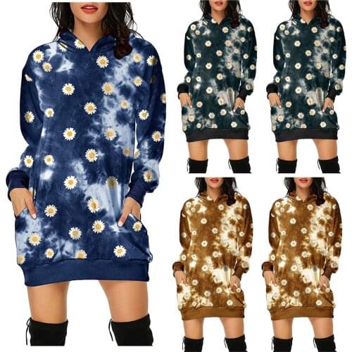 Autumn and winter womens daisy print long-sleeved hooded pocket pullover hoodie dress sweater jersey navidad familia fashion F4