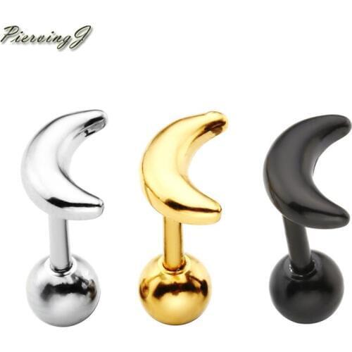 PiercingJ 16G Earrings Stainless Steel Crescent Moon Stud Barbell Ear Helix Cartilage Studs 1/4" Bars Earring Piercing Jewelry