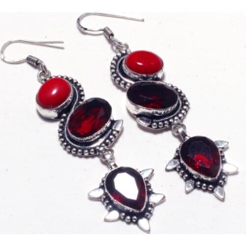 Genuine Coral + Garnet Silver Overlay on Copper Earrings ,Hand made Women Jewelry Gift , E5366