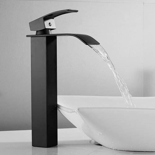 High Waterfall Tall Basin Faucet Bathroom Sink Taps Basin Mixer Black Spray Square Mono Stainless Steel Body Zinc Alloy Handle