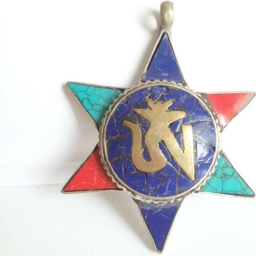 TBP083 Tibetan Amulet Star Pendants OM Wisdom KALACHAKRA Copper inlay Colorful Stone