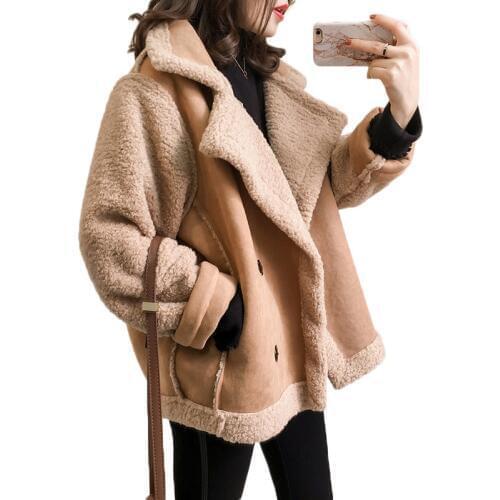 Suede Lamb Fur Coat women Fashion Faux Fur Leather Moto Jacket Ladies Loose Thick Winter Jacket Female Overcoat