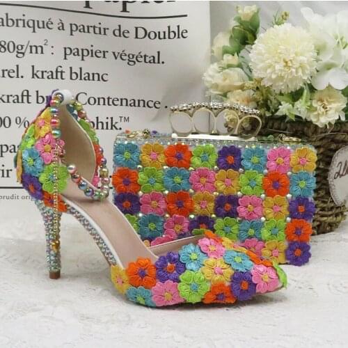 LoveinCrysta Color Lace Flower Pointed Toe Sandals Ladies Party Dress Shoes And Bag Thin Heels Pumps Bride Wedding High Heels