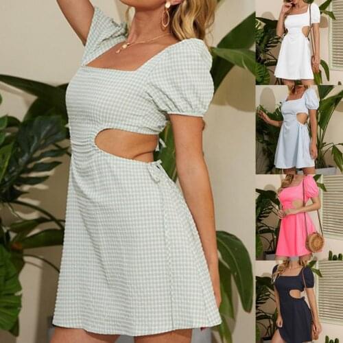 2021 Summer Korean Fashion Women Dress Square Neck Lace-up Summer Hollow Out Backless Short Sleeve Dress for Party Plus Size