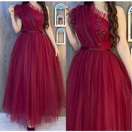 Elegant Long A-Line Tulle Black Beaded Evening Dresses Zipper Back One Shoulder Pink Abendkleider Formal Party Gown for Women